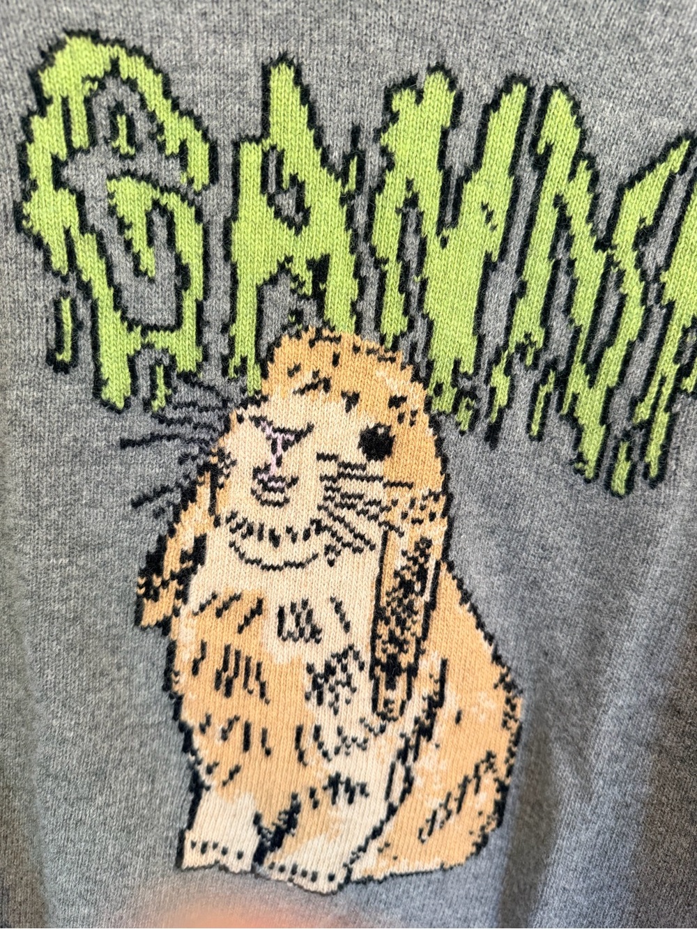 Ganni Gray Sweater with Rabbit Graphic and Lime Logo - Picture 2 of 8